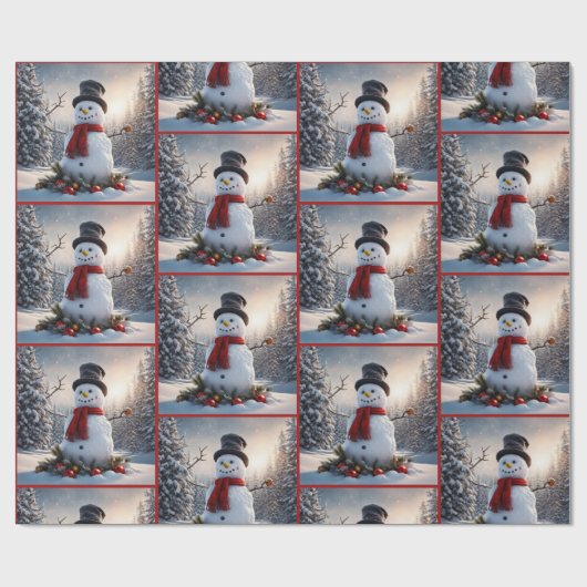 Snowman in Red Wool Scarf Carrot Nose Weihnachten Geschenkpapier (Flach)