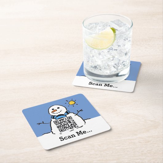 Snowman in Sunshine mit QR-Code Rechteckiger Pappuntersetzer (Vor Ort)