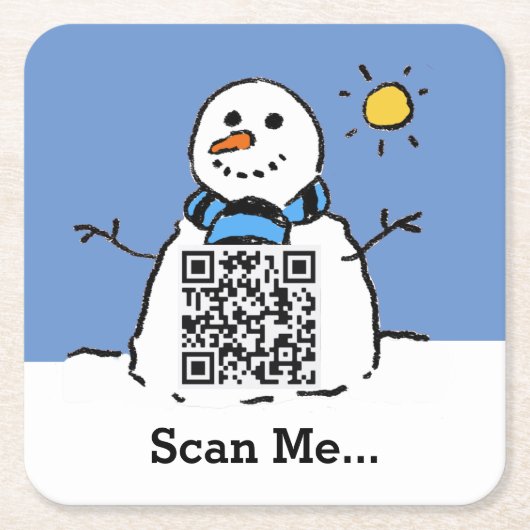 Snowman in Sunshine mit QR-Code Rechteckiger Pappuntersetzer (Vorderseite)