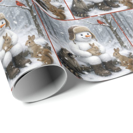 Snowman In Winter Woods With Animal Friends Geschenkpapier (Rolleneckpunkt)