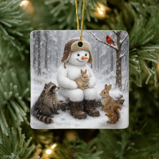 Snowman In Winter Woods With Animal Friends Keramikornament (Baum)