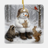Snowman In Winter Woods With Animal Friends Keramikornament (Vorderseite)