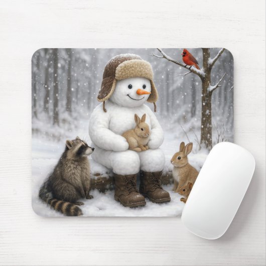 Snowman In Winter Woods With Animal Friends Mousepad (Mit Mouse)