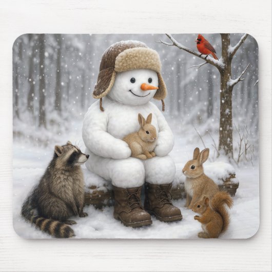 Snowman In Winter Woods With Animal Friends Mousepad (Vorne)