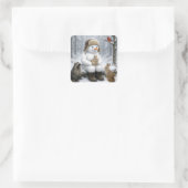Snowman In Winter Woods With Animal Friends Quadratischer Aufkleber (Tasche)