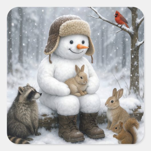 Snowman In Winter Woods With Animal Friends Quadratischer Aufkleber (Vorderseite)