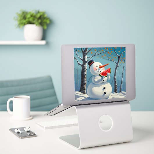Snowman isst Wassermelone Aufkleber (Laptop auf Schreibtisch)