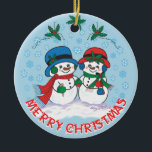 Snowman Keramik Ornament<br><div class="desc">Dies ist ein einzigartiges "One Of A Kind" Schneemann Weihnachtsschmuck! Herr & Mrs. Frosty Der Schneemann macht einen zauberhaften Weihnachtsspaziergang durch ein Schneewinterwunder! Originelle Kunstmalerei des Künstlers Kerry Miller.</div>