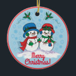 Snowman Keramik Ornament<br><div class="desc">Personalisieren Sie dieses einzigartige "Eine von einer Art" Weihnachtsschmuck! Herr & Mrs. Frosty Der Schneemann macht einen zauberhaften Weihnachtsspaziergang durch ein "Schneewinterwunder"! Original Fine Art Design von Künstler Kerry Miller.</div>