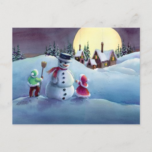 SNOWMAN & KIDS VON SHARON SHARPE FEIERTAGSPOSTKARTE (Vorderseite)