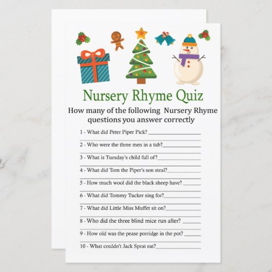 Snowman Kinderzimmer Rhyme Quiz Babyduschenspiel (Vorne/Hinten)