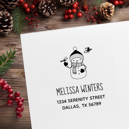 Snowman lächeln in geputztem Hut und Scarf Adresse Gummistempel
