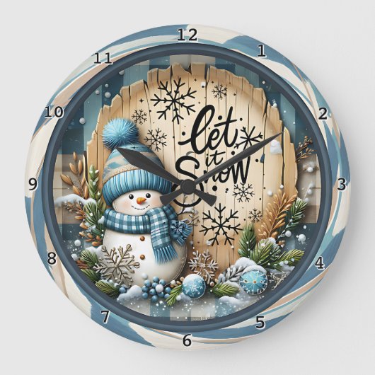 Snowman Let It Snow Blue Große Wanduhr (Vorderseite)