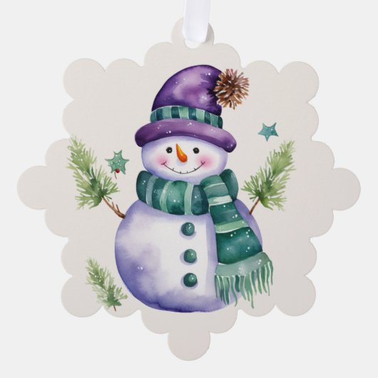 Snowman Lila Gold Green Frohe Weihnachtsgrüße Ornament Karte (Vorderseite)