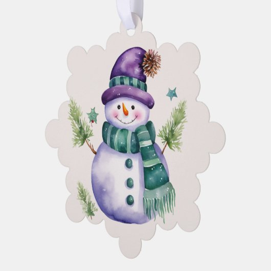 Snowman Lila Gold Green Frohe Weihnachtsgrüße Ornament Karte (Linke Ecke)