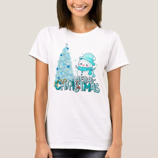 Snowman Merry Christmas Xmas Tree Snow T-Shirt (Vorderseite)