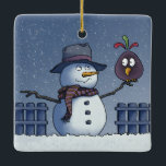 Snowman mit Bird Keramikornament<br><div class="desc">Freundschaften schließen in einem Winterwunderland. Lass es schneien - Frohe Festtage.</div>