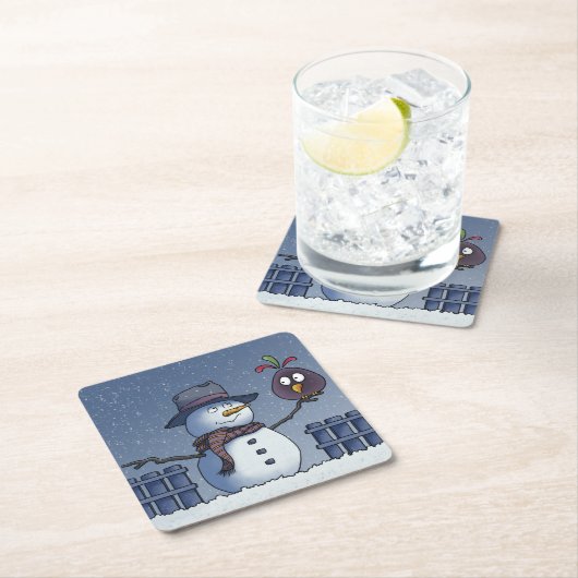 Snowman mit Bird Rechteckiger Pappuntersetzer (Vor Ort)