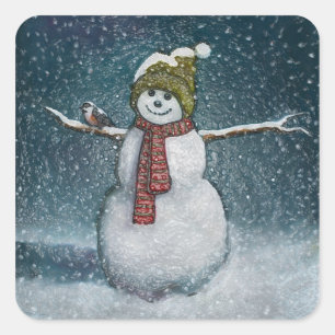 Snowman mit Chickadee: Winterlandschaft Quadratischer Aufkleber