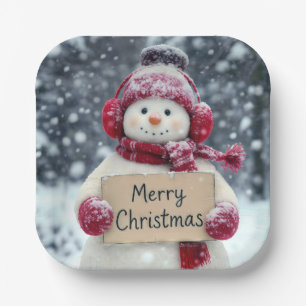 Snowman mit einem fröhlichen Weihnachtszeichen Pappteller