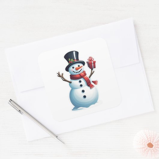 Snowman mit Geschenk Quadratischer Aufkleber (Umschlag)