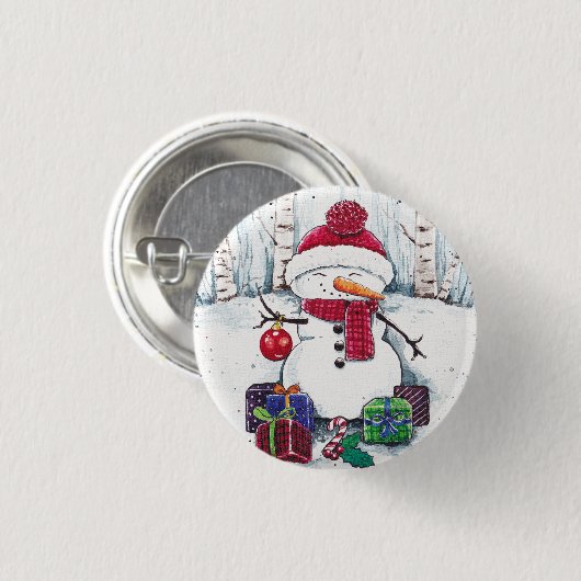 Snowman mit Geschenken in Aquarellfarbe Button (Vorne & Hinten)