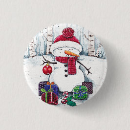 Snowman mit Geschenken in Aquarellfarbe Button