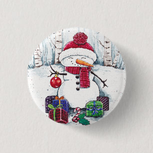 Snowman mit Geschenken in Aquarellfarbe Button