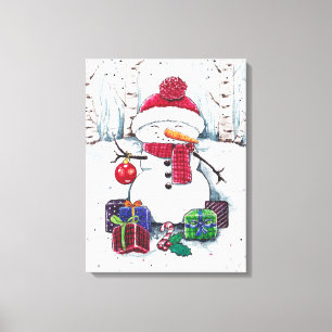 Snowman mit Geschenken in Aquarellfarbe Leinwanddruck