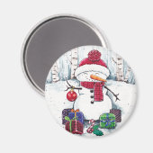 Snowman mit Geschenken in Aquarellfarbe Magnet (Vorderseite/Rückseite)