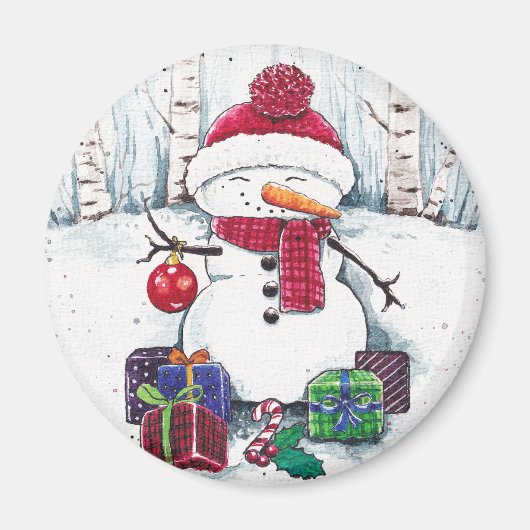 Snowman mit Geschenken in Aquarellfarbe Magnet (Vorne)