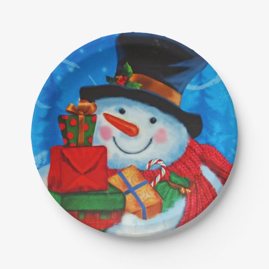 Snowman mit Geschenken Pappteller (Vorderseite)
