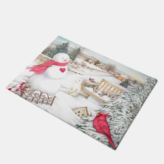 Snowman mit Kardinals-u. Schnee-Häschen im Garten Fußmatte (Schrägansicht)