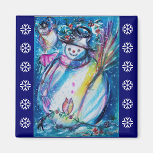 SNOWMAN MIT OWL / Blau Weiße Schneeflocken Magnet