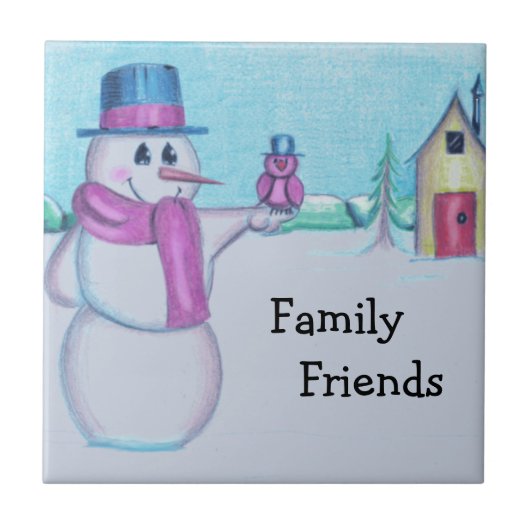 Snowman mit Red Bird Folk Art Zeichnend Fliese (Vorderseite)