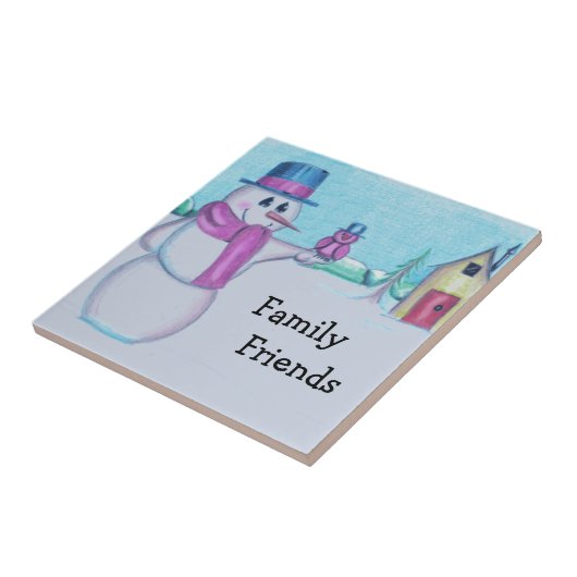 Snowman mit Red Bird Folk Art Zeichnend Fliese (Seite)