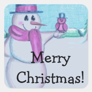 Snowman mit Red Bird Folk Art Zeichnend Quadratischer Aufkleber