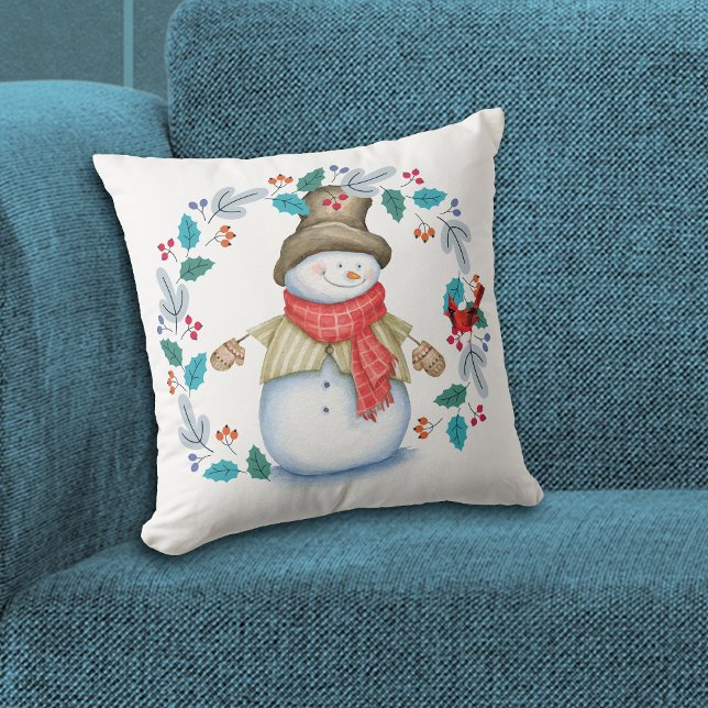 Snowman mit Red Bird Wreath Holiday Kissen (Von Creator hochgeladen)