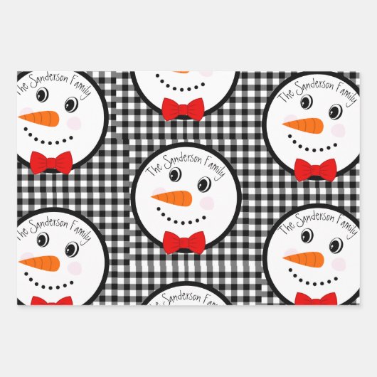 Snowman mit Red Bowtie Black Buffalo Kariert Trim Geschenkpapier Set (Vorderseite 3)