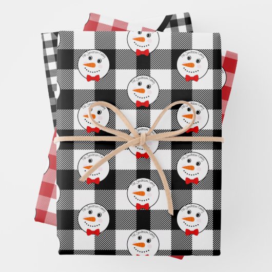 Snowman mit Red Bowtie Black Buffalo Kariert Trim Geschenkpapier Set (Beispiel)
