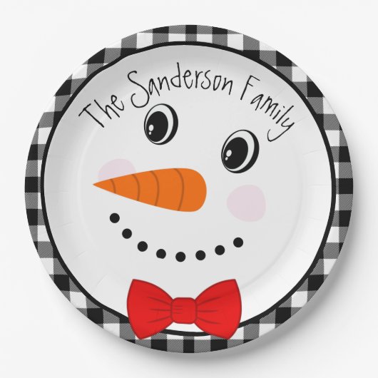 Snowman mit Red Bowtie Black Buffalo Kariert Trimm Pappteller (Vorderseite)