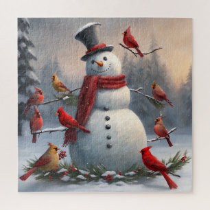 Snowman mit Roten Kardinälen Snowy Puzzle