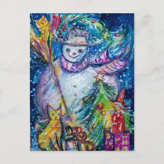 SNOWMAN MIT SPIELZEUGEN, weiß, blau Postkarte (Vorderseite)