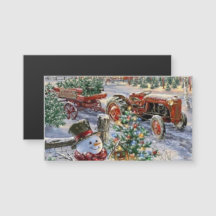 Snowman mit Weihnachtsbaum und Traktor Magnet