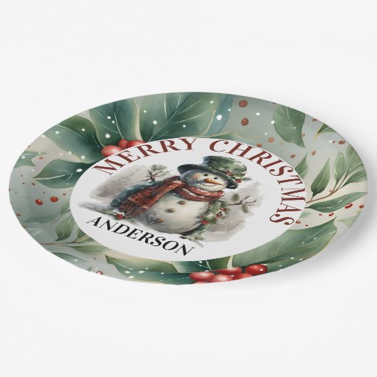 Snowman Niedliche Weihnachtswünsche Papierplatte Pappteller (Schrägansicht)