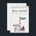 Snowman & North Pole - Einladung<br><div class="desc">Der Schneemann ist mit blauen Handschuhen und Knöpfen gekleidet. Der Schneemann ist neben einem weißen und roten Pol mit einem grünen Schild stehend, auf dem "Nordpol" steht. Die Geschenke sind neben dem Pol. Weißer Schnee liegt auf dem Boden. Diese Einladungen sind eine großartige Möglichkeit, jemanden zu einem Party einzuladen. Ein...</div>
