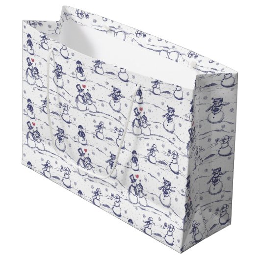 Snowman Parade Toile - blau Große Geschenktüte (Vorderseite Schrägansicht)