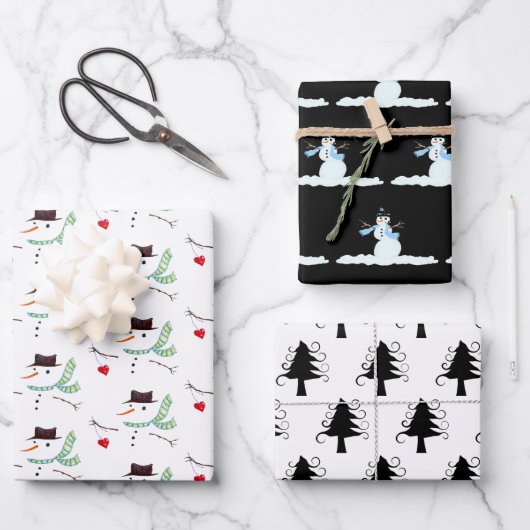 Snowman Patterns Curly Bäume Neutrale Weihnachten Geschenkpapier Set (Vorderseite)