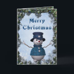 Snowman & Peacock Feather Border Weihnachtskarte Feiertagskarte<br><div class="desc">Schöne Pfauenfeder und Schneemann Weihnachtskarte für Familie, Erwachsene und Kinder mit einem niedlichen und eleganten whimsical Schneemann in einem hübschen blauen Hut und Mantel auf einer blauen Kulisse mit Wirbel und einer hübschen grün-blauen Pfauenfedern und Schneeflocken-Grenze. Eine lustige, stilvolle und fröhliche Weihnachtskarte für jeden. Diese elegante, glückliche Karte ist auch...</div>