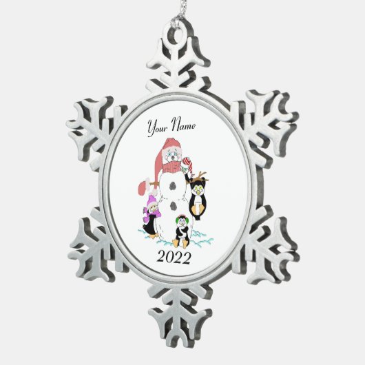 Snowman & Penguin Christmas Snowflake Pewter Chris Schneeflocken Zinn-Ornament (Rechts)